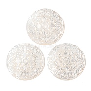 Natural White Shell Cabochons, Flat Round with Carved Flower, Seashell Color, 30.5x2.5mm(SSHEL-C012-12)