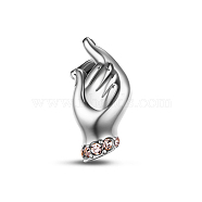 TINYSAND Rhodium Plated 925 Sterling Silver Hold the Hands European Beads, with Rhinestone, Large Hole Beads, Platinum, 16.14x7.01x8.67mm, Hole: 4.23mm(TS-C-130)