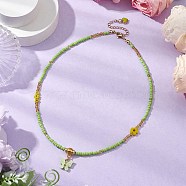 Glass Seed Beads & Flower Handmade Lampwork Beaded Necklaces, Alloy Acrylic Butterfly Pendant Necklaces, Green Yellow, 15.94 inch(40.5cm)(NJEW-MZ00065-02)