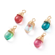 Transparent Glass Pendants, with Copper Wire Wrapped Pendants, Teardrop, Real 18K Gold Plated, Mixed Color, 13.5x6x5mm, Hole: 1.5mm(PALLOY-JF00560)