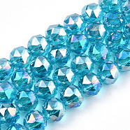 Electroplate Transparent Glass Beads Strands, Faceted, Round, Deep Sky Blue, 8x7.5mm, Hole: 1mm, about 70pcs/strand, bout 70~72pcs/strand, 20.67 inch~21.26 inch(52.5~54cm)(EGLA-N002-34C-C13)