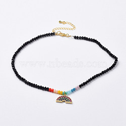 Glass Beads Pendants Necklaces, with Brass Micro Pave Cubic Zirconia Pendants and Brass Lobster Claw Clasps, Rainbow, Black, 12.9 inch(33cm)(NJEW-JN02562-02)