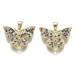 Brass Micro Pave Cubic Zirconia Pendants, with Brass Snap on Bails, Nickel Free, Butterfly, Real 16K Gold Plated, Colorful, 19x23x3mm, Hole: 5x3mm(ZIRC-N039-044-NF)