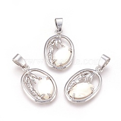Sea Shell Pendants, with Brass Pendant Findings, Oval, Platinum Metal Color, Champagne Yellow, 28x17x2.5mm, Hole: 5x7mm(SSHEL-J002-46A)