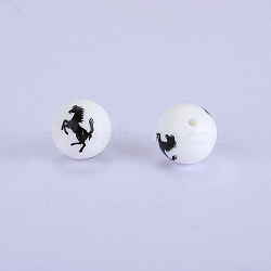 Printed Round with Horse Pattern Silicone Focal Beads, White, 15x15mm, Hole: 2mm(SI-JX0056A-136)