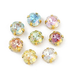 Brass Glass Rhinestone Sew on Rhinestones, Square, Faceted, Mixed Color, Golden, 9.5x9.5x5mm, Hole: 0.8mm(RGLA-U001-04G-02)