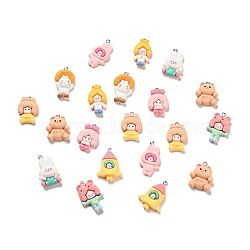 Opaque Resin Pendants, with Platinum Tone Iron Loops, Rabbit & Bear & Girl, Mixed Shapes Charm, Mixed Color, 26~34x17~23x6.5~9mm, Hole: 2x2.5mm(RESI-G043-C06)