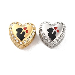 304 Stainless Steel European Beads, Large Hole Beads, with Rhinestone and Enamel, Heart with Mother & Baby, Mixed Color, 11.5x12.5x8.2mm, Hole: 4.2mm(STAS-I191-11)