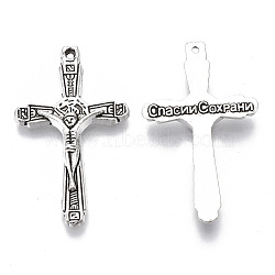 Easter Theme Tibetan Style Alloy Pendants, Cadmium Free & Lead Free, Crucifix Cross with Word, Antique Silver, 35.5x21x3mm, Hole: 1mm, about 420pcs/915g(TIBE-S320-015AS-LF)