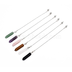 Natural Gemstone Pointed Dowsing Pendulums, with Platinum Plated Brass Curb Chains, Bullet, 230mm, Hole: 3mm(G-I284-E)