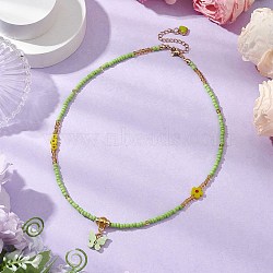 Glass Seed Beads & Flower Handmade Lampwork Beaded Necklaces, Alloy Acrylic Butterfly Pendant Necklaces, Green Yellow, 15.94 inch(40.5cm)(NJEW-MZ00065-02)