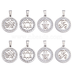 8Pcs 4 Style 201 Stainless Steel Pendants, with Random Size Snap On Bails and Polymer Clay Crystal Rhinestones, Flat Round, Stainless Steel Color, 23x20x2~3mm, Hole: 8~10x3~5mm, 2pcs/style(STAS-DC0008-46)