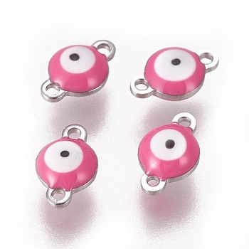 304 Stainless Steel Enamel Links connectors, Flat Round with Evil Eye, Stainless Steel Color, Hot Pink, 14.5x10x4.5mm, Hole: 1.4mm