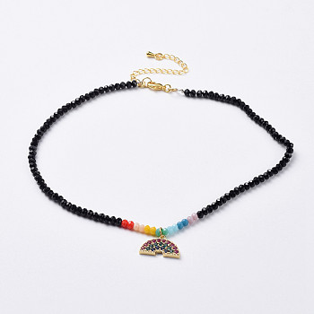 Glass Beads Pendants Necklaces, with Brass Micro Pave Cubic Zirconia Pendants and Brass Lobster Claw Clasps, Rainbow, Black, 12.9 inch(33cm)