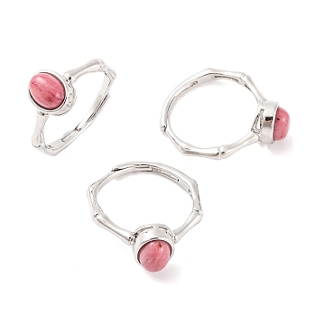 Oval Natural Rhodonite Adjustable Rings, Brass Ring for Women, Long-Lasting Plated, Lead Free & Cadmium Free, Platinum, Inner Diameter: 18mm