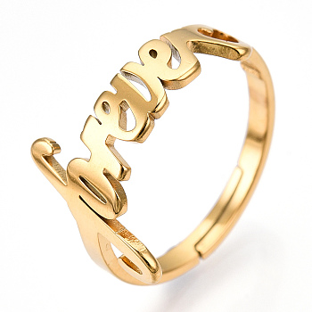 Ion Plating(IP) 304 Stainless Steel Heart with Word Forever Adjustable Ring, Wide Band Ring for Valentine's Day, Real 18K Gold Plated, US Size 6 1/2(16.9mm)
