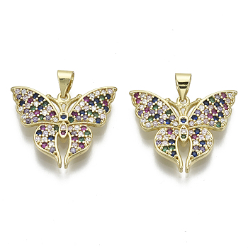 Brass Micro Pave Cubic Zirconia Pendants, with Brass Snap on Bails, Nickel Free, Butterfly, Real 16K Gold Plated, Colorful, 19x23x3mm, Hole: 5x3mm