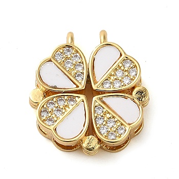 Brass Micro Pave Clear Cubic Zirconia with Acrylic Pendants, Magnetic Clover Charms, Real 18K Gold Plated, 17x15x4.5mm, Hole: 1.5mm