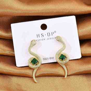 Brass Micro Pave Cubic Zirconia Stud Earrings, with S925 Sterling Silver Pins, Snake, Real 18K Gold Plated, 39x13mm