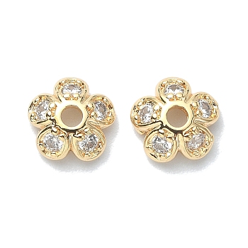 Brass Micro Pave Cubic Zirconia Bead Cap, Flower, Real 18K Gold Plated, 8x3mm, Hole: 1.8mm