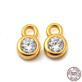 Real 18K Gold Plated 925 Sterling Silver Charms, with Clear Cubic Zirconia, with S925 Stamp, Flat Round, 5.5x3.6x2mm, Hole: 1.2mm