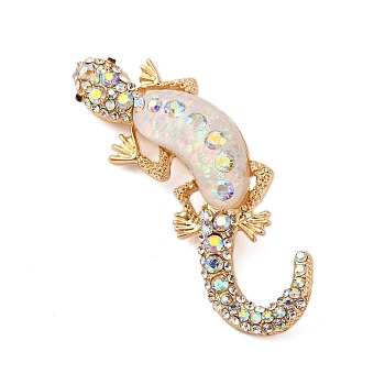 Lizard Alloy Crystal AB Rhinestone Brooches with Resin, Golden, White, 70.5x25mm