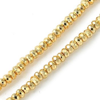 Electroplated Synthetic Non-Magnetic Hematite Beads Strands, Faceted, Rondelle, Light Gold Plated, 3x2mm, Hole: 0.8mm, about 198pcs/strand, 15.59''(39.6cm)