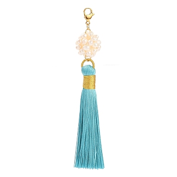 Polyester Tassel Big Pendants, with Natural Pearl Woven Beads and Golden Plated 304 Stainless Steel Lobster Claw Clasps, Medium Turquoise, 118mm