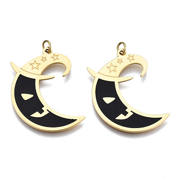 316 Surgical Stainless Steel Enamel Pendants, with Jump Rings, Moon, Black, Real 14K Gold Plated, 27x19.5x1mm, Jump Ring: 3.8x0.6mm, 2.6mm inner diameter