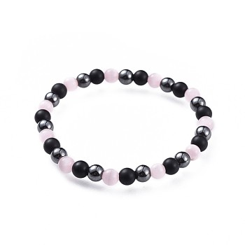 Cat Eye Stretch Bracelets, with Natural Black Agate(Dyed) Beads and Non-Magnetic Synthetic Hematite Beads, Pearl Pink, 2-1/4 inch(5.7cm)