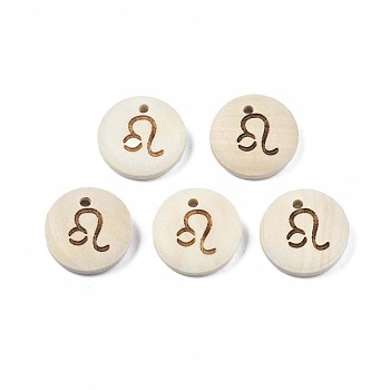 Laser Out Wood Pendants, Flat Round with 12 Constellations, Undyed, Leo, 15x4mm, Hole: 1.6mm