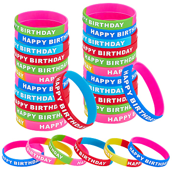 Gorgecraft 30Pcs 5 Colors Word HAPPY BIRTHDAY Silicone Cord Bracelets Set Wristband, Mixed Color, Inner Diameter: 2-1/2 inch(6.5cm), 6Pcs/color