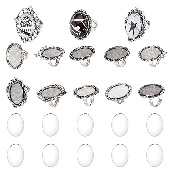 DIY Blank Dome Finger Rings Making Kit, Including Bowknot & Owl & Flower & Bird Adjustable Alloy Ring Settings, Glass Cabochons, Antique Silver, 20Pcs/bag