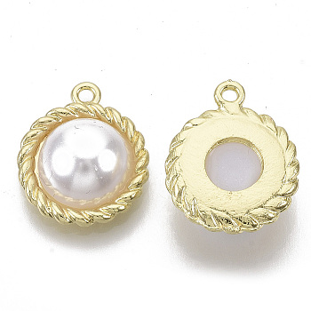 Alloy Pendants, with ABS Plastic Imitation Pearl, Half Round, White, Light Gold, 18.5x15x6mm, Hole: 1.5mm