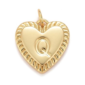 Rack Plating Real 18K Gold Plated Brass Pendants, with Jump Rings, Long-Lasting Plated, Lead Free & Cadmium Free & Nickel Free, Heart with Letter A~Z, Letter.Q, 16x15x2.5mm, Jump Ring: 5x0.5mm, 3mm Inner Diameter