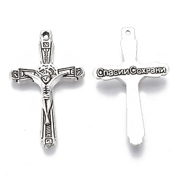 Easter Theme Tibetan Style Alloy Pendants, Cadmium Free & Lead Free, Crucifix Cross with Word, Antique Silver, 35.5x21x3mm, Hole: 1mm, about 420pcs/915g