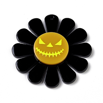 Printed  Acrylic Pendants, for Halloween, Sunflower with Pumpkin Charm, Black, 39.5x4.5mm, Hole: 1.6mm