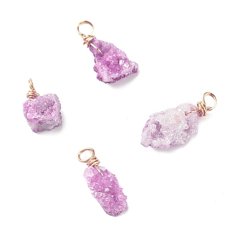 Natural Crystal Agate Pendants, with Golden Tone Copper Findings, Druzy, Dyed, Nuggets, Violet, 13~32x7~17x6~13mm, Hole: 3mm