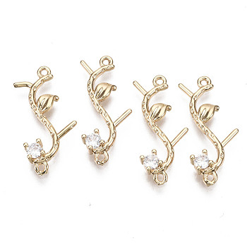 Brass Micro Pave Cubic Zirconia Links Connectors, Long-Lasting Plated, Branch and Leaves, Light Gold, Clear, 22.5x10x3mm, Hole: 1mm