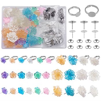 DIY Flower Earring & Finger Ring Making Kit, Including Resin Cabochons, 304 Stainless Stud Earring Findings, Brass Pad Rings Bases, Mixed Color, 82Pcs/box