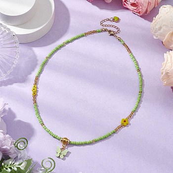 Glass Seed Beads & Flower Handmade Lampwork Beaded Necklaces, Alloy Acrylic Butterfly Pendant Necklaces, Green Yellow, 15.94 inch(40.5cm)