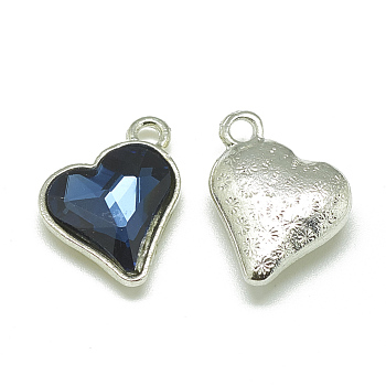 Alloy Glass Pendants, Faceted, Heart, Platinum, Prussian Blue, 17x15x5mm, Hole: 1.5mm