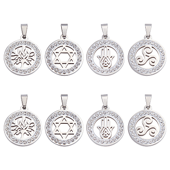8Pcs 4 Style 201 Stainless Steel Pendants, with Random Size Snap On Bails and Polymer Clay Crystal Rhinestones, Flat Round, Stainless Steel Color, 23x20x2~3mm, Hole: 8~10x3~5mm, 2pcs/style