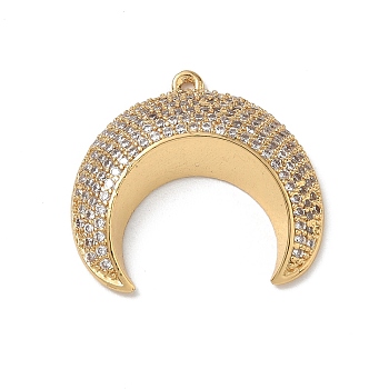Brass Micro Pave Clear Cubic Zirconia Pendants, Double Horn/Crescent Moon Charms, Lead Free & Cadmium Free, Rack Plating, Long-Lasting Plated, Real 18K Gold Plated, 24x26.5x5.5mm, Hole: 1mm