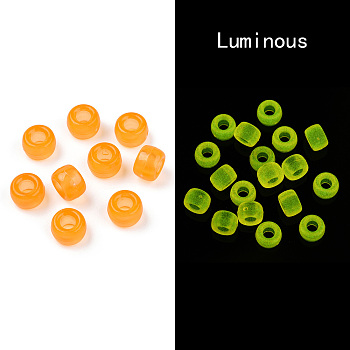 Transparent & Luminous Plastic Beads, Frosted, Glow in the Dark, Barrel, Orange, 9x6mm, Hole: 3.8mm, about 1900pcs/500g