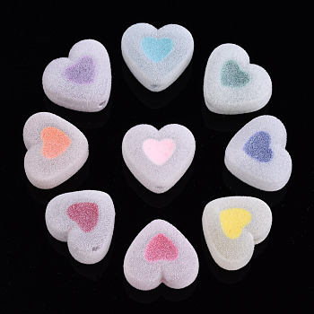 Flocky Acrylic Beads, Bead in Bead, Heart, Mixed Color, 16x18x11mm, Hole: 2mm