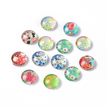 Half Round/Dome Floral Printed Glass Flatback Cabochons, Mixed Color, 10x4mm