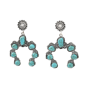 Flower Synthetic Turquoise Dangle Stud Earrings, Zinc Alloy Long Drop Earrings for Women, Antique Silver, 53x37.5mm