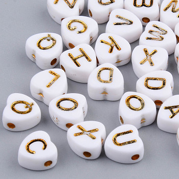 Electroplate Opaque Acrylic Beads, Horizontal Hole, Heart with Mixed Golden Letters, White, 7x7x4mm, Hole: 1.5mm, about 3600pcs/500g