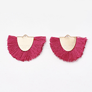 Polyester Tassel Pendant Decorations, with Brass Findings, Semicircle, Light Gold, Medium Violet Red, 25~27x32~35x3mm, Hole: 3x1.5mm(FIND-S272-08)